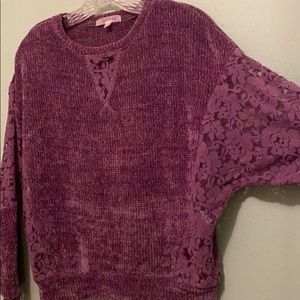 Purple fuzzy sweater shirt with lace sleeves